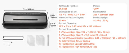Succebuy 80Kpa 120W Electric Vacuum Sealer Machine 7-In-1 Wet Food Sealer with Free 10Pcs Vacuum Bags for Kitchen Food Storage
