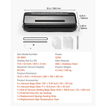 Succebuy 80Kpa 120W Electric Vacuum Sealer Machine 7-In-1 Wet Food Sealer with Free 10Pcs Vacuum Bags for Kitchen Food Storage