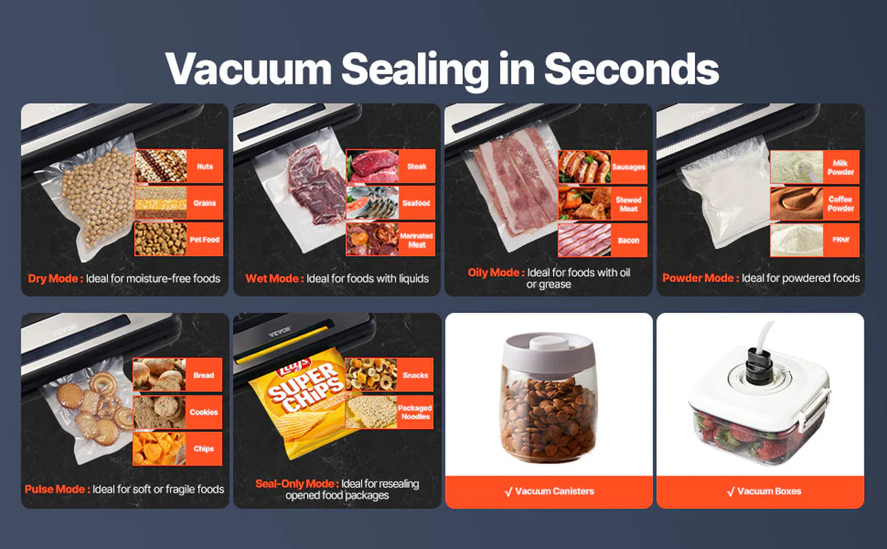Succebuy 80Kpa 120W Electric Vacuum Sealer Machine 7-In-1 Wet Food Sealer with Free 10Pcs Vacuum Bags for Kitchen Food Storage
