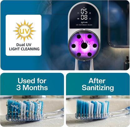 UV Toothbrush Sanitizer Holder | Wall Mounted UV-C Toothbrush Cleaner | Tooth Brush Sanitizer Holder Auto Shut-Off, USB Rechargeable, Fits All Brushes, Bathroom Organizer