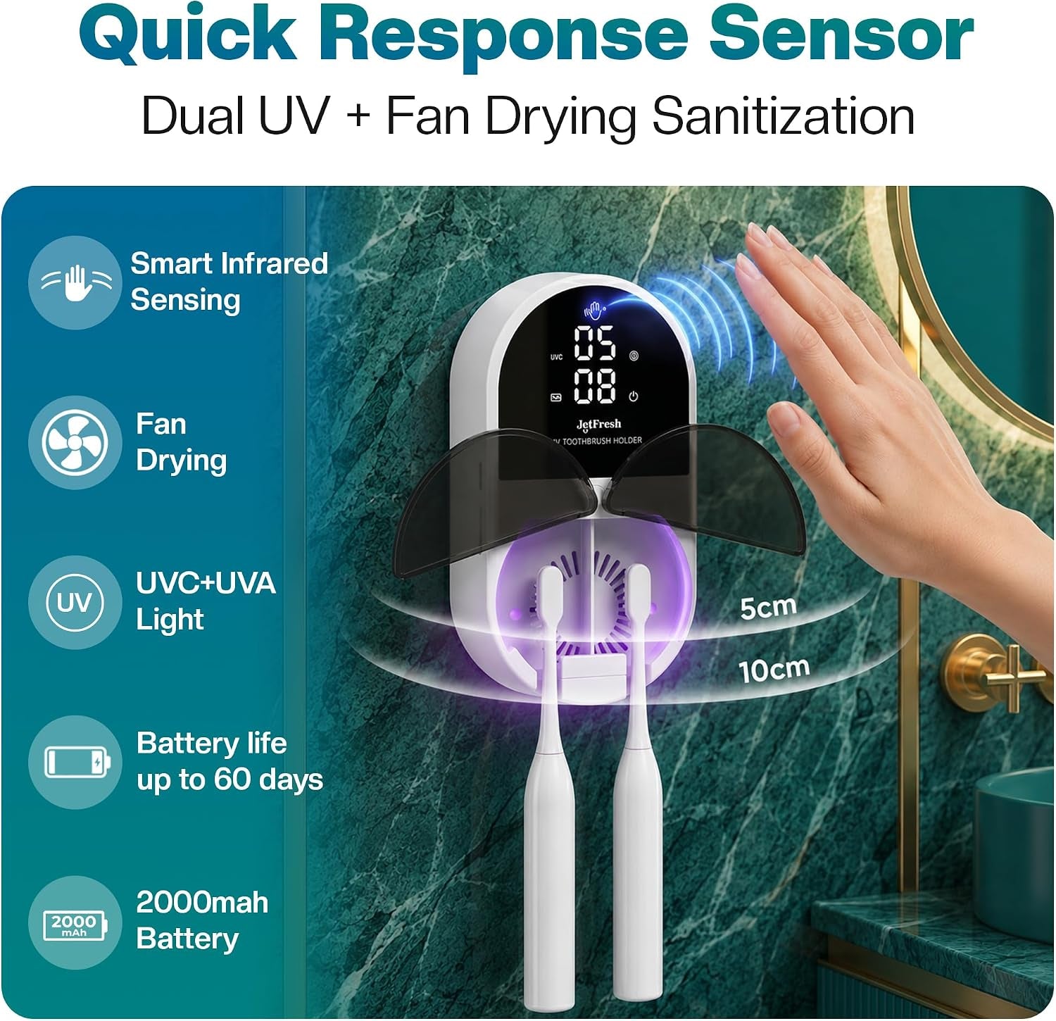 UV Toothbrush Sanitizer Holder | Wall Mounted UV-C Toothbrush Cleaner | Tooth Brush Sanitizer Holder Auto Shut-Off, USB Rechargeable, Fits All Brushes, Bathroom Organizer
