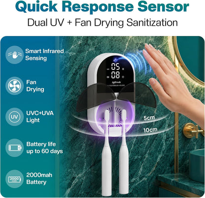 UV Toothbrush Sanitizer Holder | Wall Mounted UV-C Toothbrush Cleaner | Tooth Brush Sanitizer Holder Auto Shut-Off, USB Rechargeable, Fits All Brushes, Bathroom Organizer