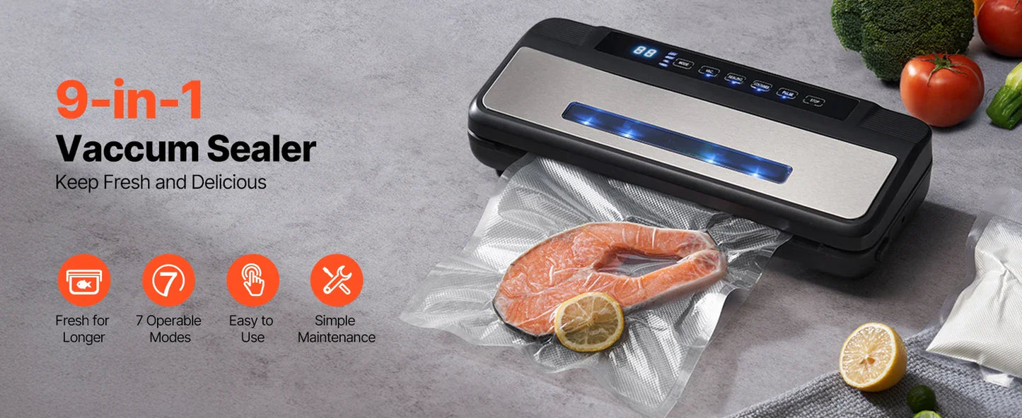 Succebuy 80Kpa 120W Electric Vacuum Sealer Machine 7-In-1 Wet Food Sealer with Free 10Pcs Vacuum Bags for Kitchen Food Storage