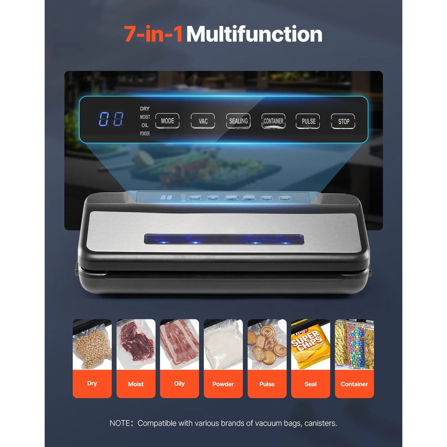 Succebuy 80Kpa 120W Electric Vacuum Sealer Machine 7-In-1 Wet Food Sealer with Free 10Pcs Vacuum Bags for Kitchen Food Storage