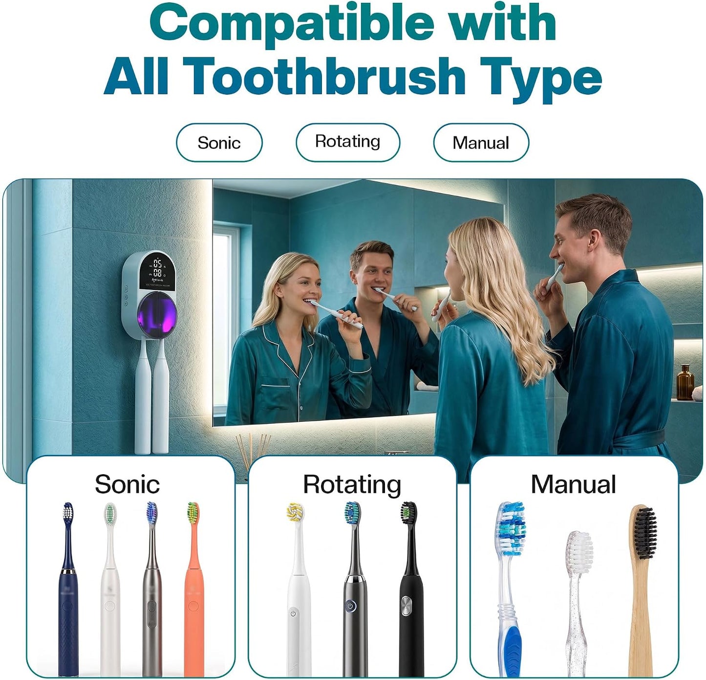 UV Toothbrush Sanitizer Holder | Wall Mounted UV-C Toothbrush Cleaner | Tooth Brush Sanitizer Holder Auto Shut-Off, USB Rechargeable, Fits All Brushes, Bathroom Organizer