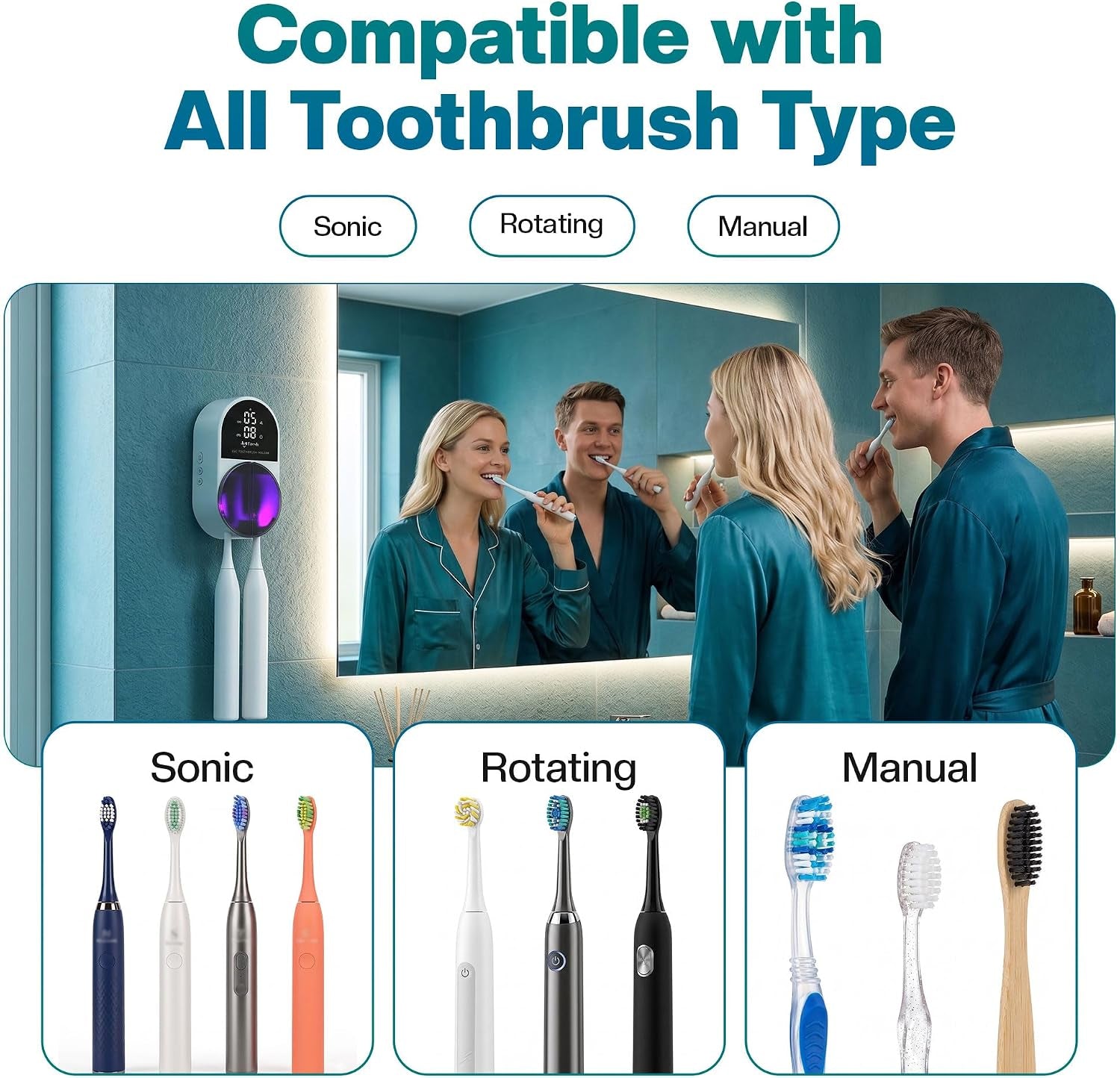 UV Toothbrush Sanitizer Holder | Wall Mounted UV-C Toothbrush Cleaner | Tooth Brush Sanitizer Holder Auto Shut-Off, USB Rechargeable, Fits All Brushes, Bathroom Organizer